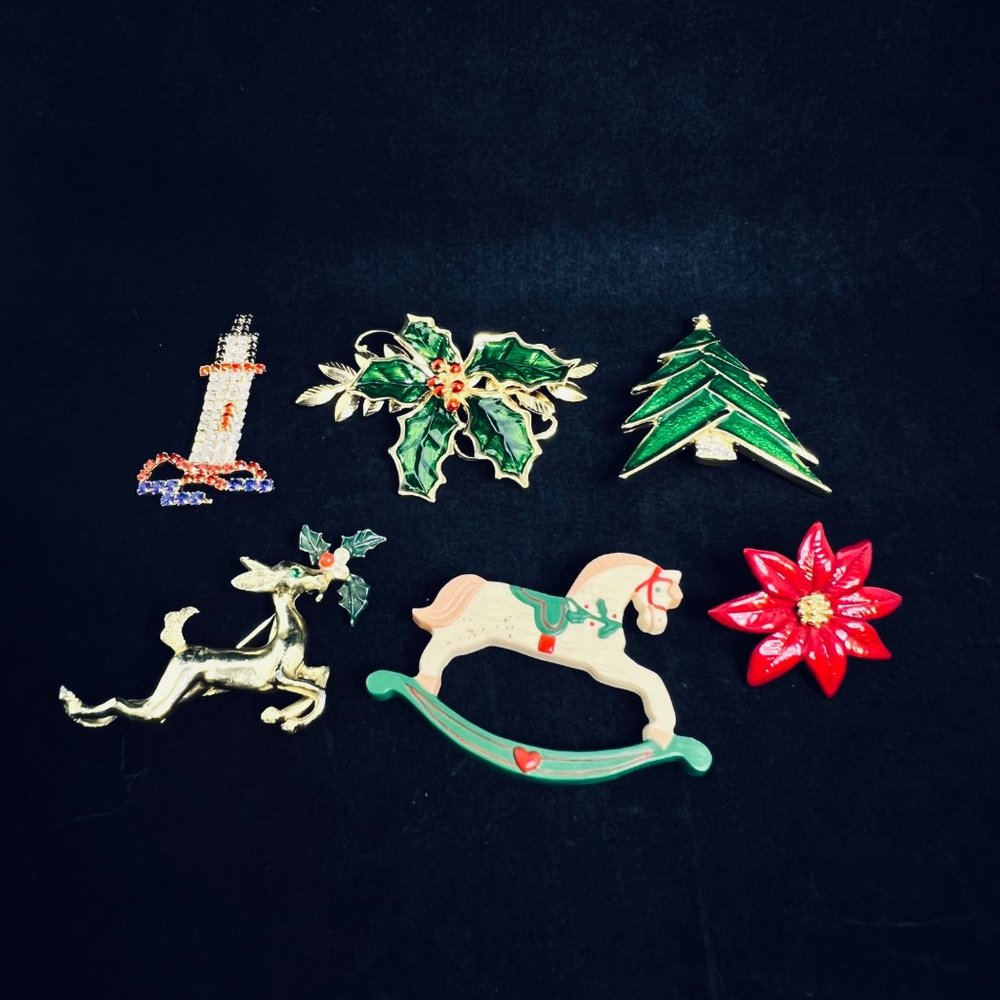 Lot of 6 Gold Tone Christmas Brooches
